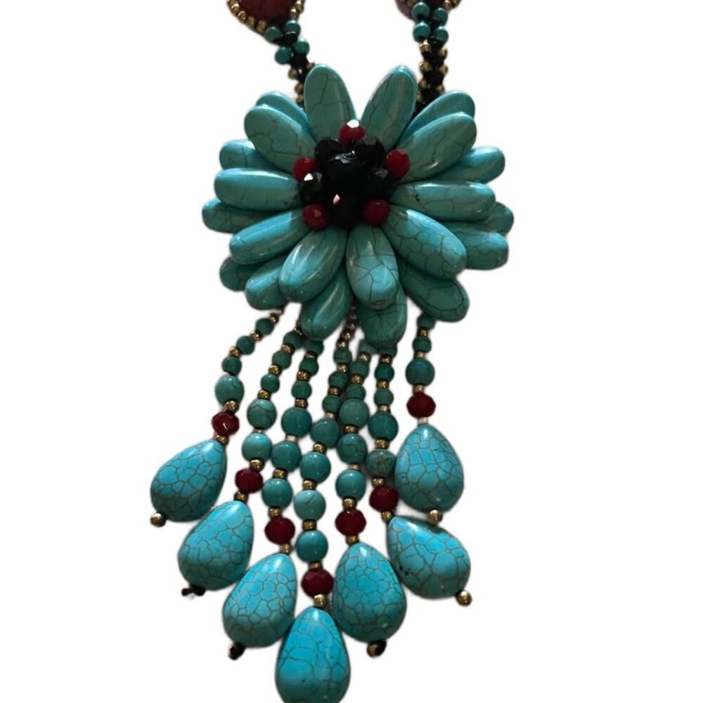 Turquoise Flower Necklace with Braided String Chain